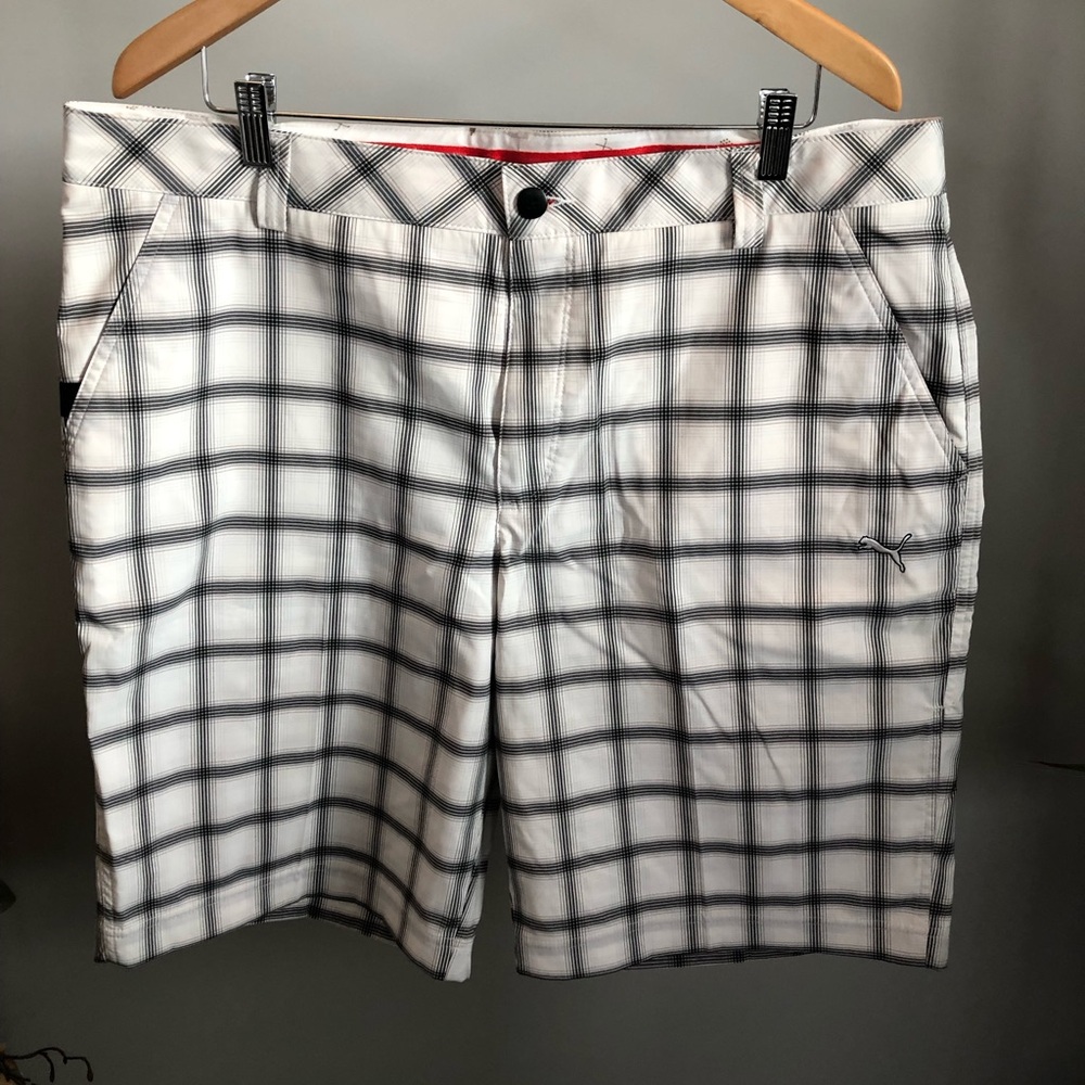 Puma White Golf Shorts with Black Plaid and Red Waist Trim